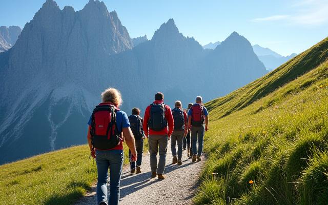 Wandergruppe im Sonnenlicht auf einem Bergpfad, majestätische Alpengipfel im Hintergrund