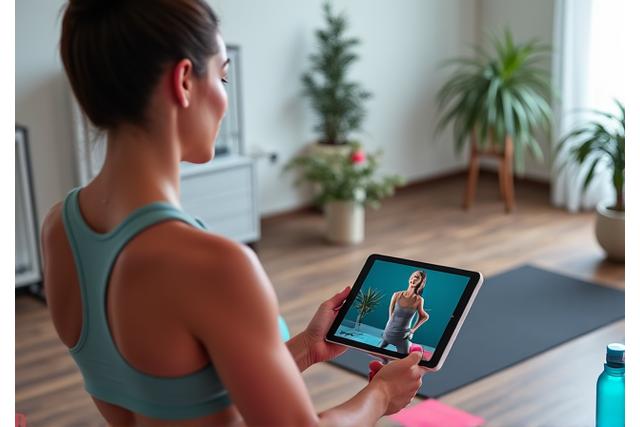 Woman working out at home using an online fitness program on a tablet